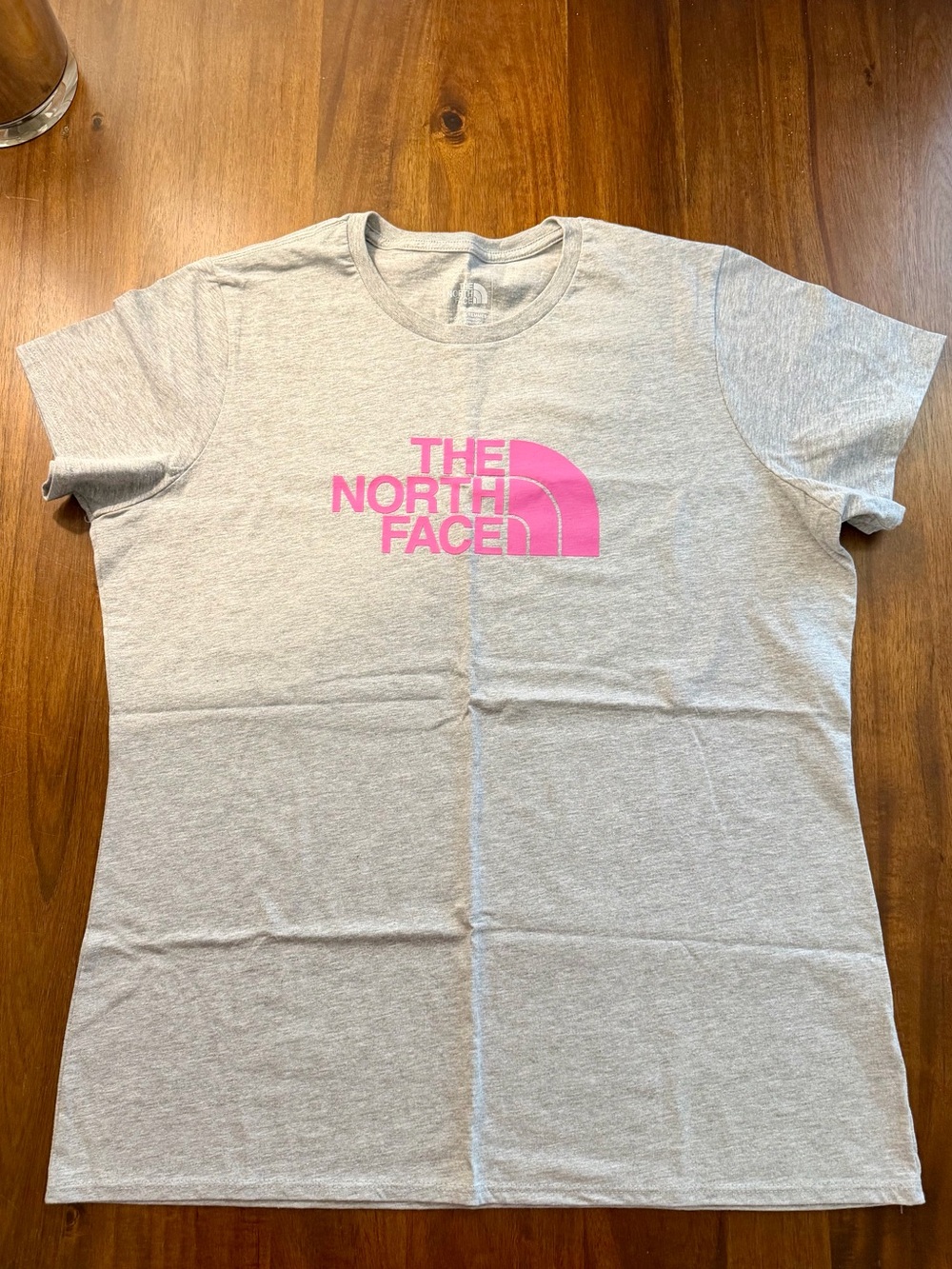 The North Face Women's Light Gray Tee with Pink Logo